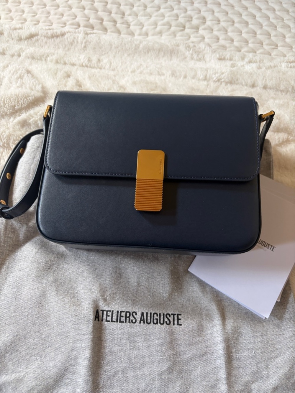 Ateliers Auguste Monceau Navy Box Leather Messenger Bag with Gold Hardware